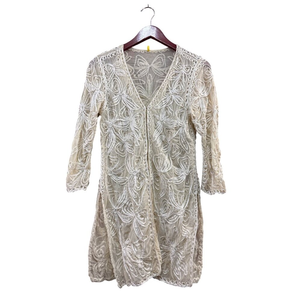 Elegant Beige Embroidered Sheer 3/4 Sleeve Open Front Cover Up Cardigan